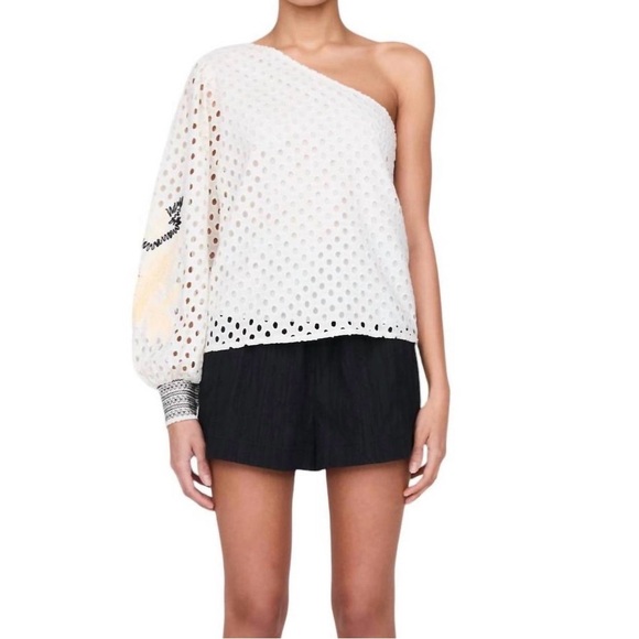 Marie Oliver. Trish Top. 100% Cotton Eyelet. Embroidery. One shoulder. Off White - Picture 2 of 8